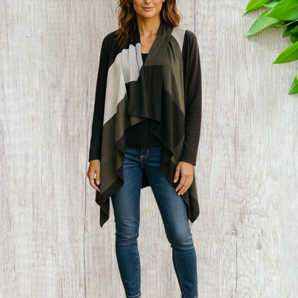 VENUS -- Cardigan, MultiColor/Earthtones Long Sleeve Patchwork w/Butterfly Hem - Picture 1 of 11